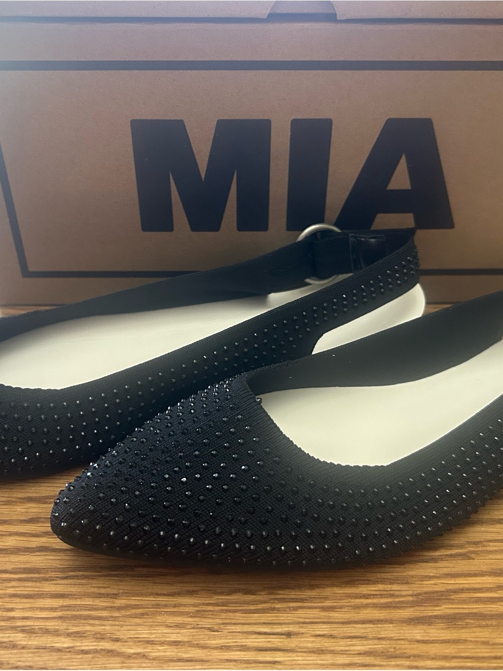 MIA Black Crystal-Stud Slingback Flats